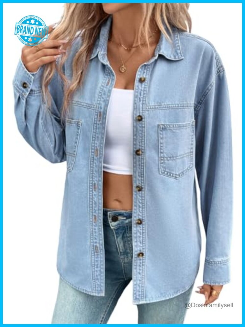 Oversized Denim Button Down Shirt Long Sleeve Casual Blouse Top Cotton Blend
